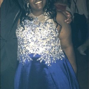 Royal blue prom dress nude lace with gems